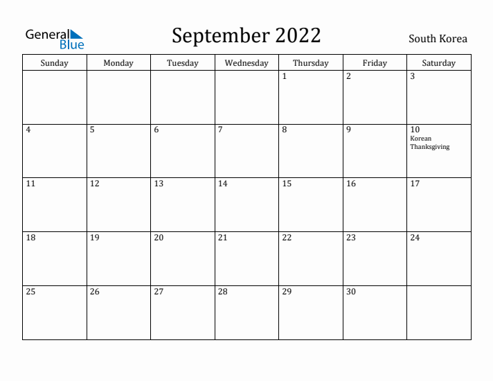 September 2022 Calendar South Korea