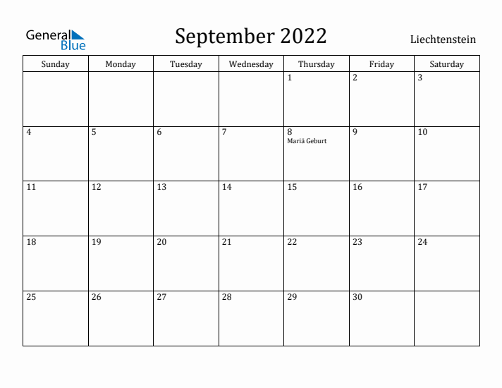 September 2022 Calendar Liechtenstein