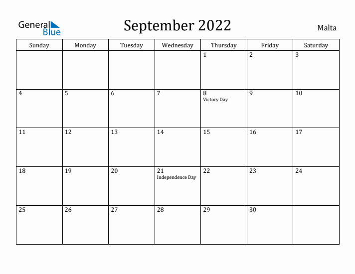 September 2022 Calendar Malta