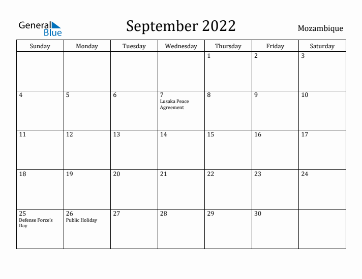 September 2022 Calendar Mozambique