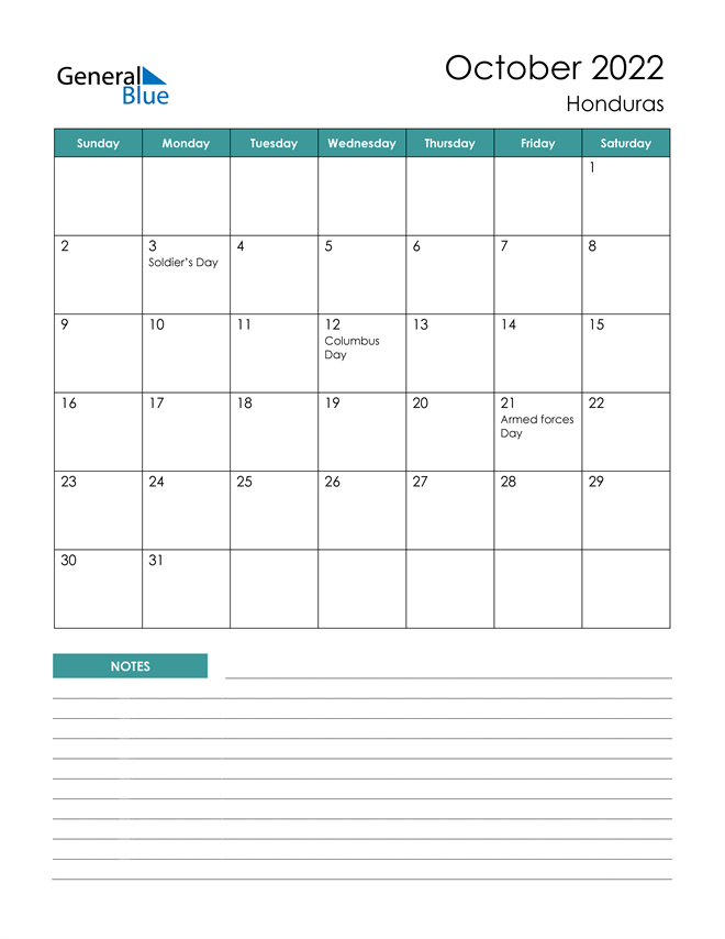Calendar with Notes Printable