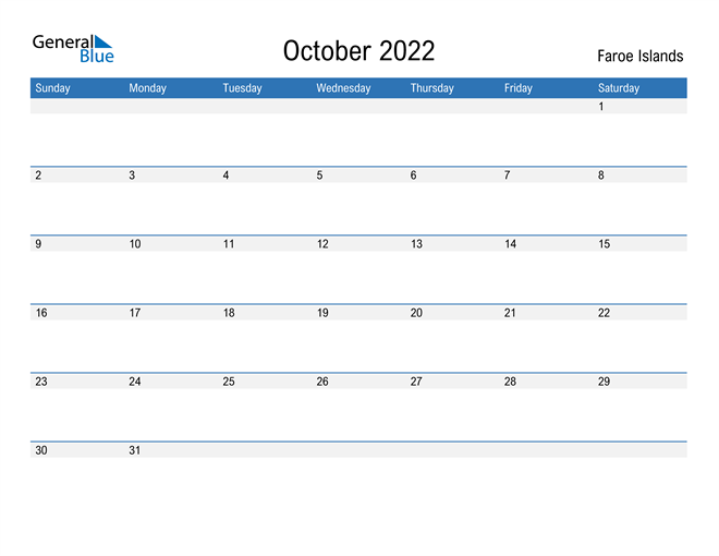 Faroe Islands October 2022 Calendar with Holidays