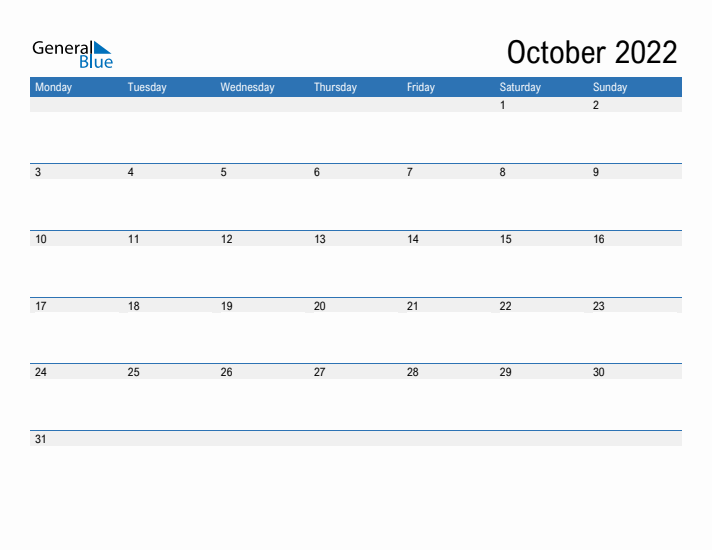 Fillable Calendar for October 2022