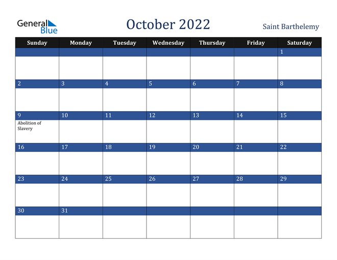October 2022 Saint Barthelemy Calendar