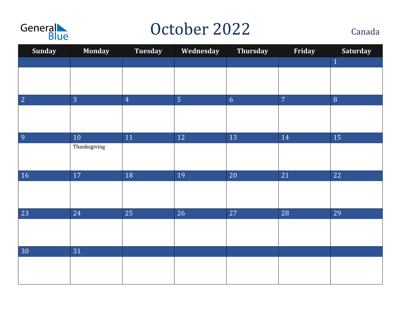 October 2022 Calendar - Canada