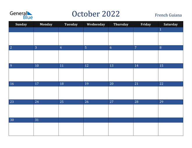October 2022 French Guiana Calendar
