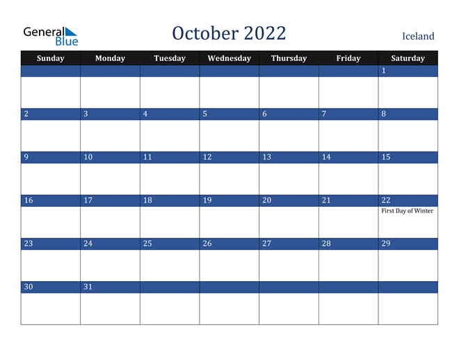 October 2022 Iceland Calendar