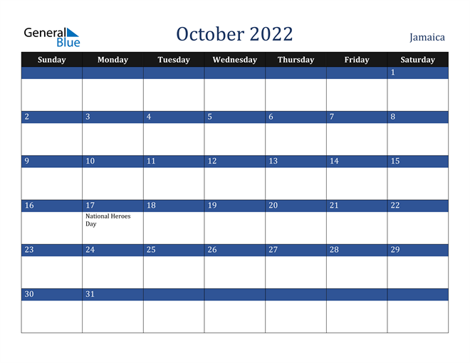 October 2022 Jamaica Calendar