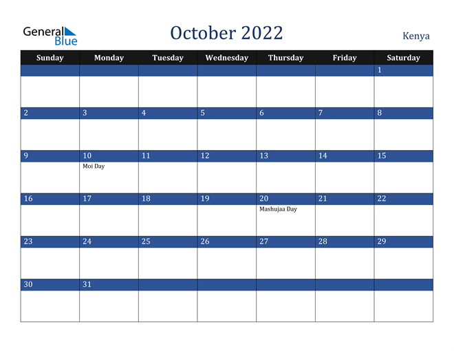October 2022 Kenya Calendar