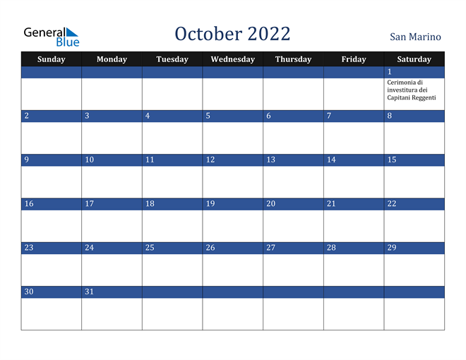 October 2022 San Marino Calendar