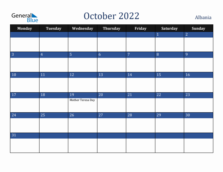 October 2022 Albania Calendar (Monday Start)