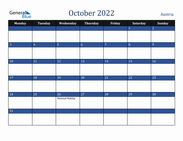 October 2022 Austria Calendar (Monday Start)