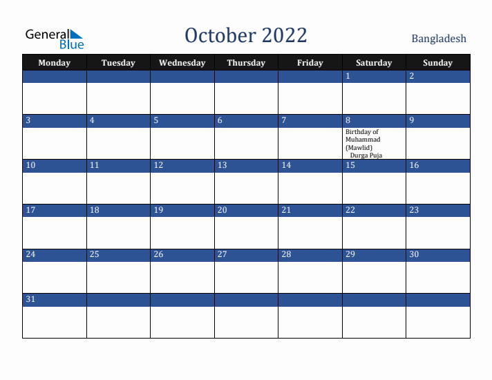 October 2022 Bangladesh Calendar (Monday Start)