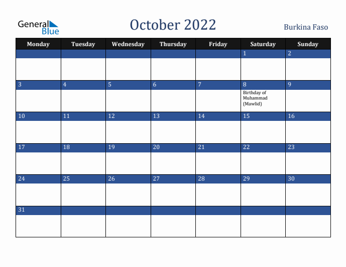 October 2022 Burkina Faso Calendar (Monday Start)