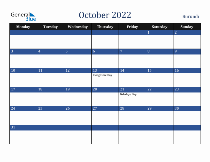 October 2022 Burundi Calendar (Monday Start)