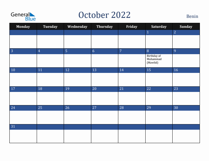 October 2022 Benin Calendar (Monday Start)