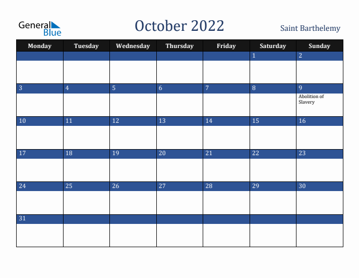 October 2022 Saint Barthelemy Calendar (Monday Start)
