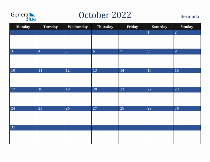 October 2022 Bermuda Calendar (Monday Start)