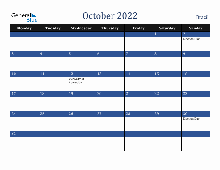 October 2022 Brazil Calendar (Monday Start)