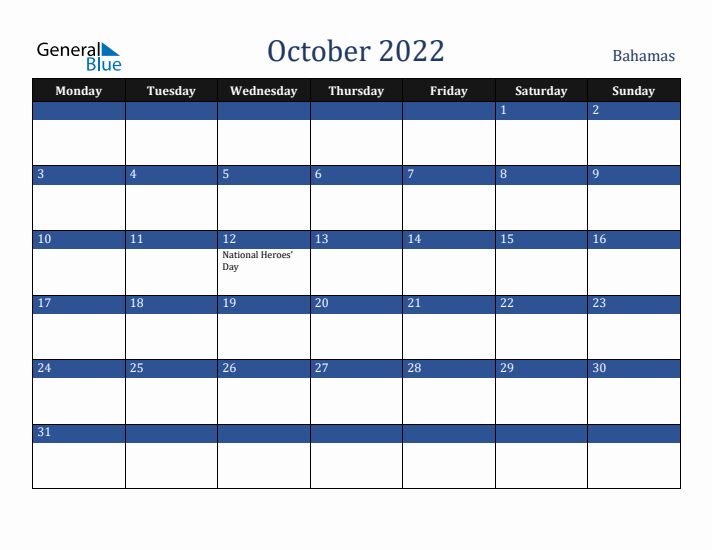 October 2022 Bahamas Calendar (Monday Start)