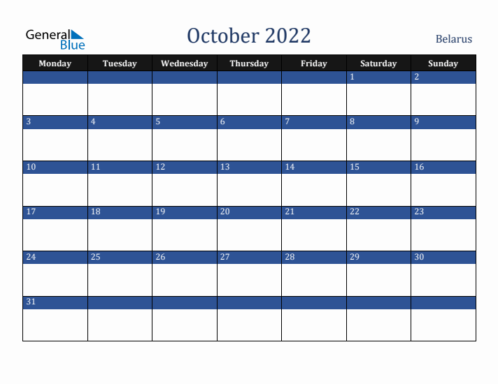 October 2022 Belarus Calendar (Monday Start)