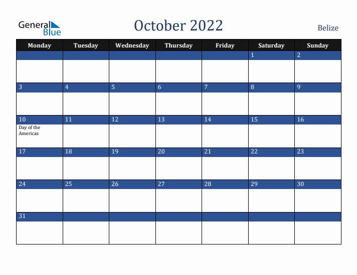 October 2022 Belize Calendar (Monday Start)