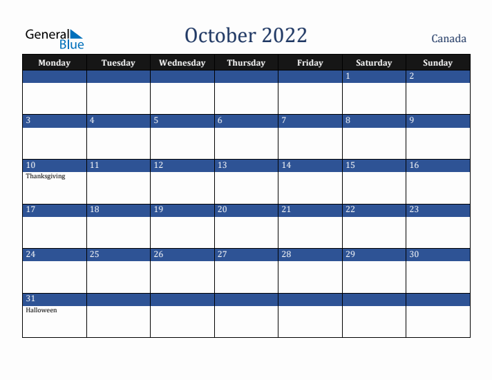 October 2022 Canada Calendar (Monday Start)