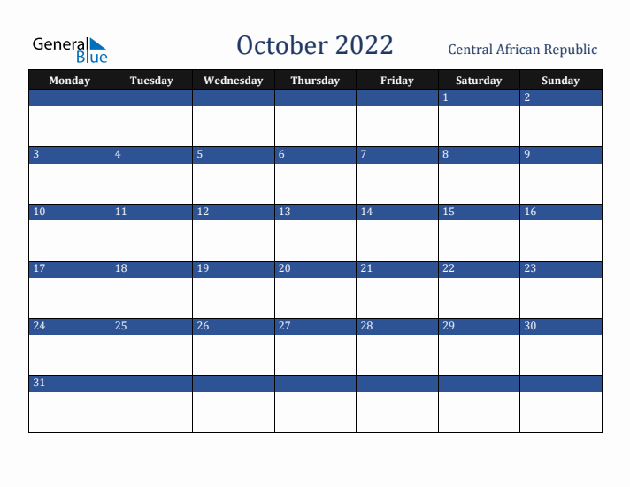 October 2022 Central African Republic Calendar (Monday Start)