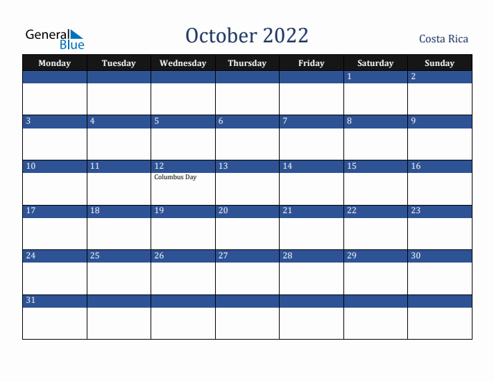 October 2022 Costa Rica Calendar (Monday Start)