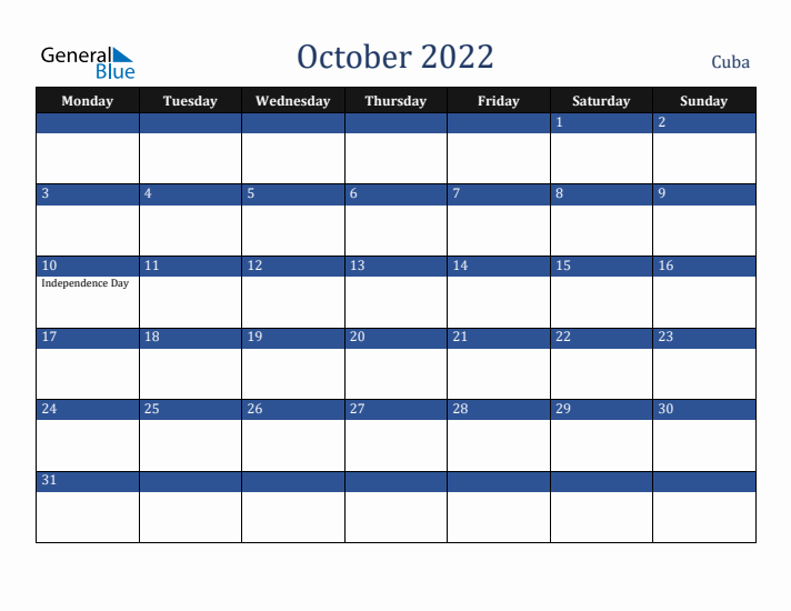 October 2022 Cuba Calendar (Monday Start)