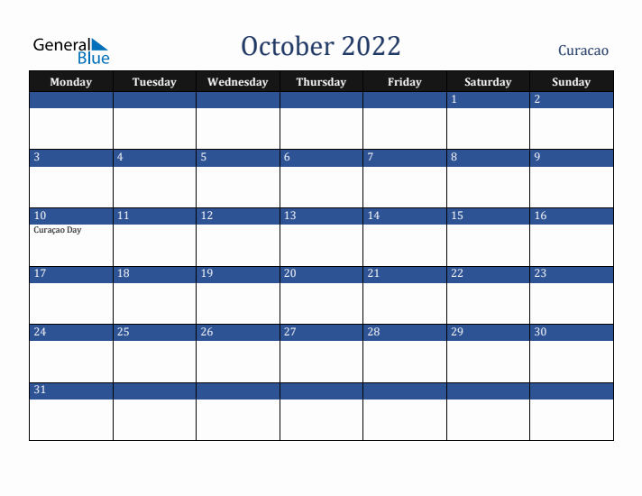 October 2022 Curacao Calendar (Monday Start)