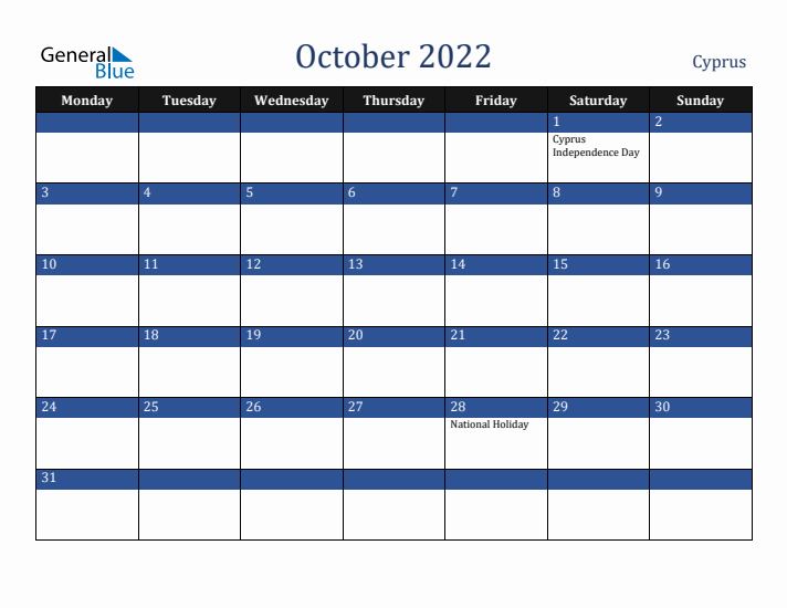 October 2022 Cyprus Calendar (Monday Start)