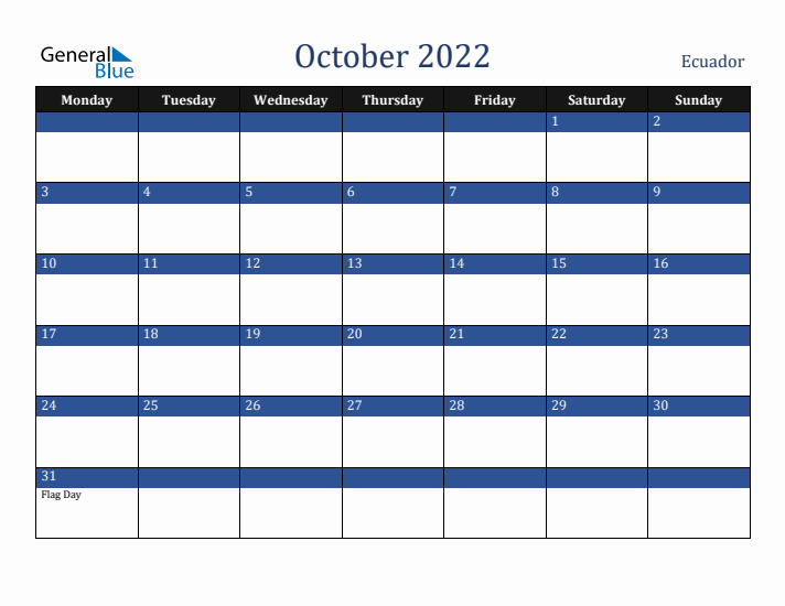 October 2022 Ecuador Calendar (Monday Start)
