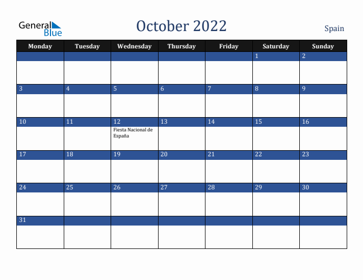 October 2022 Spain Calendar (Monday Start)