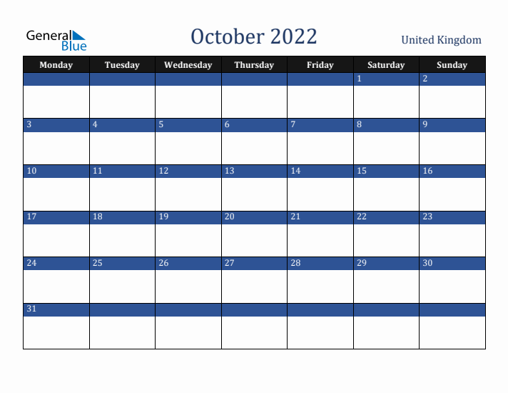 October 2022 United Kingdom Calendar (Monday Start)