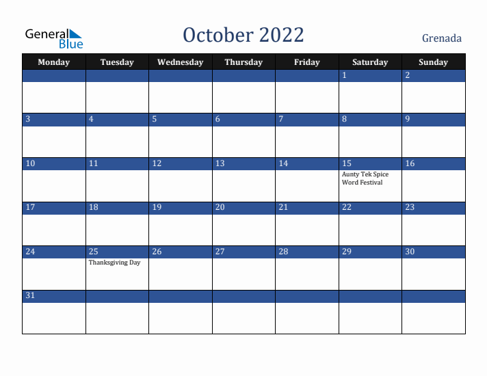 October 2022 Grenada Calendar (Monday Start)