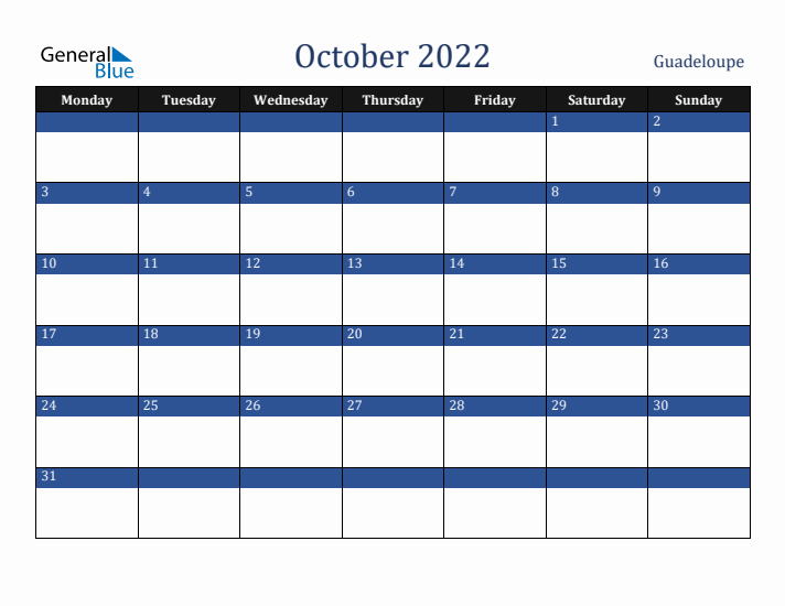 October 2022 Guadeloupe Calendar (Monday Start)