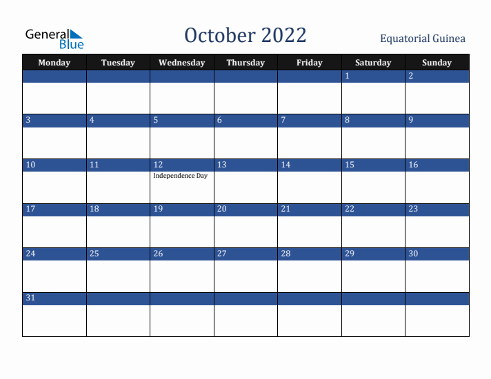 October 2022 Equatorial Guinea Calendar (Monday Start)