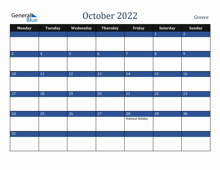 October 2022 Greece Calendar (Monday Start)
