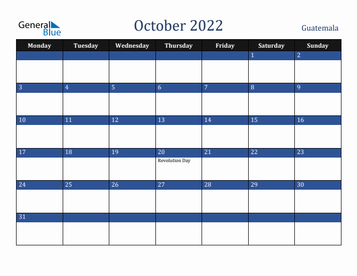 October 2022 Guatemala Calendar (Monday Start)