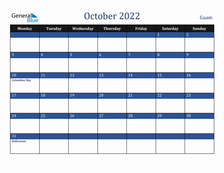 October 2022 Guam Calendar (Monday Start)