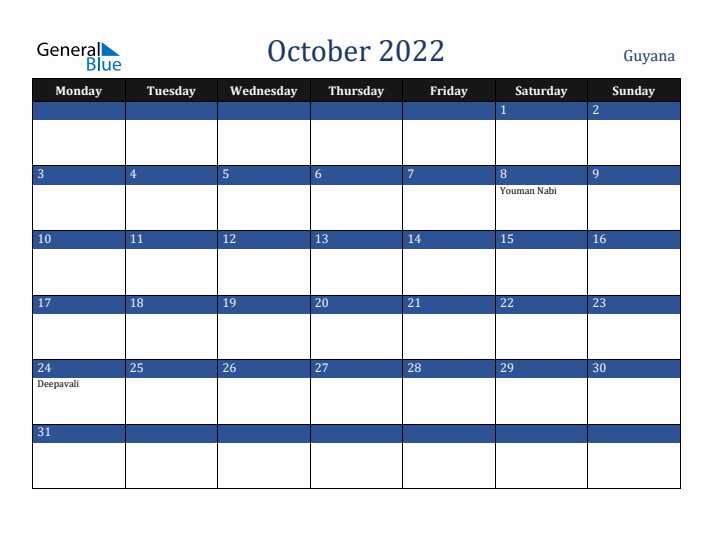 October 2022 Guyana Calendar (Monday Start)