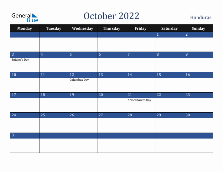 October 2022 Honduras Calendar (Monday Start)