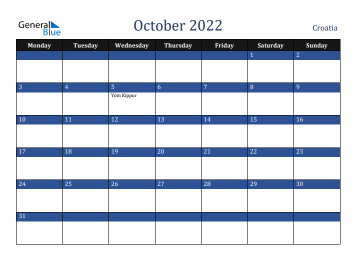 October 2022 Croatia Calendar (Monday Start)