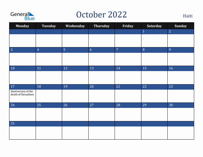 October 2022 Haiti Calendar (Monday Start)