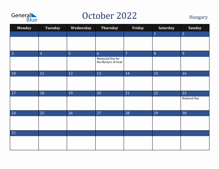 October 2022 Hungary Calendar (Monday Start)