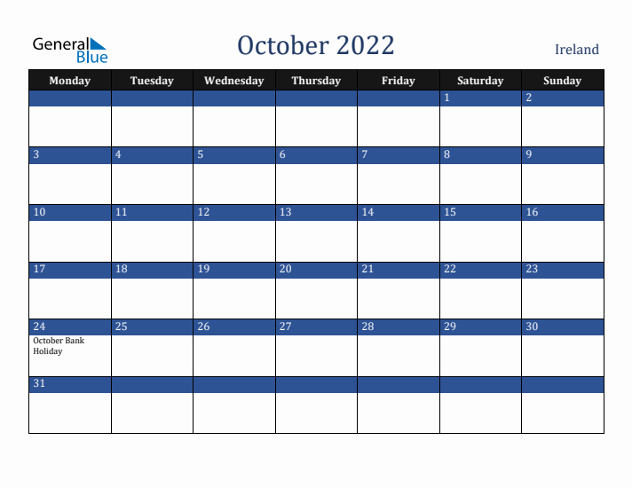 October 2022 Ireland Calendar (Monday Start)