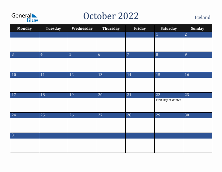October 2022 Iceland Calendar (Monday Start)