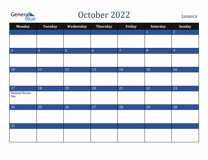October 2022 Jamaica Calendar (Monday Start)
