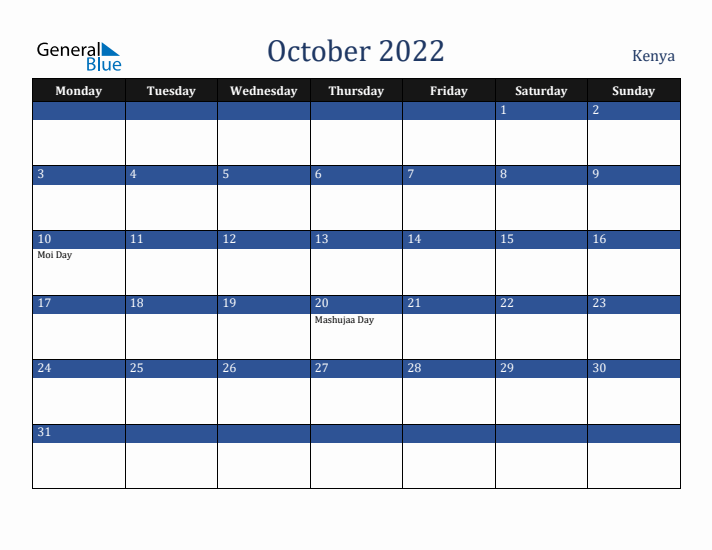 October 2022 Kenya Calendar (Monday Start)